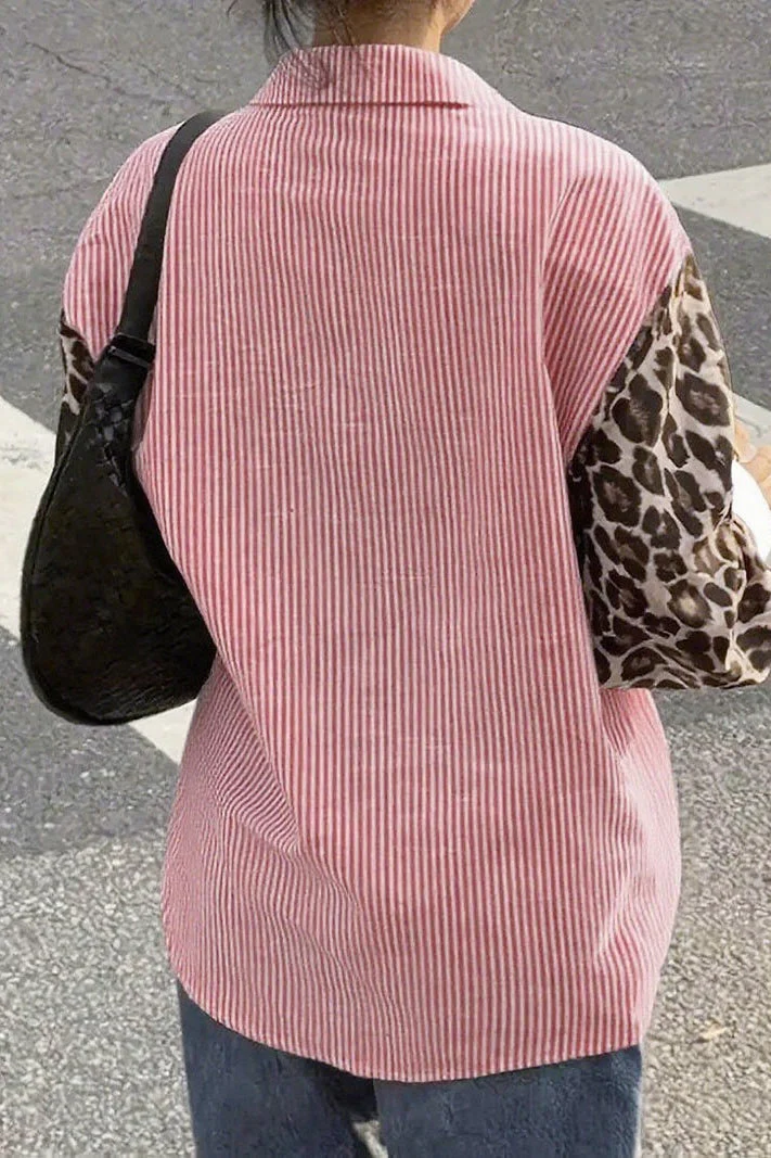 Stripe Leopard Patchwork Long Sleeve Casual Blouse - Image 3