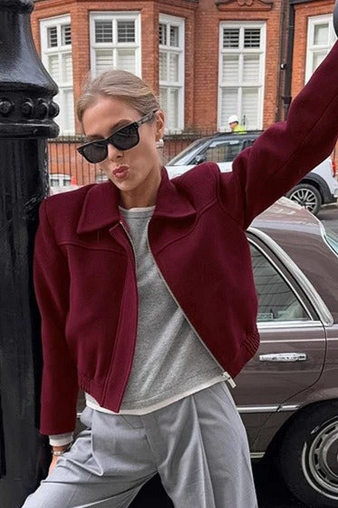 Short Burgundy Wool Blazer Jacket - Image 2