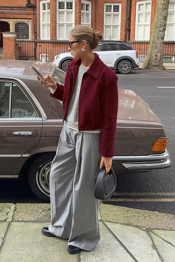 Short Burgundy Wool Blazer Jacket - Image 3