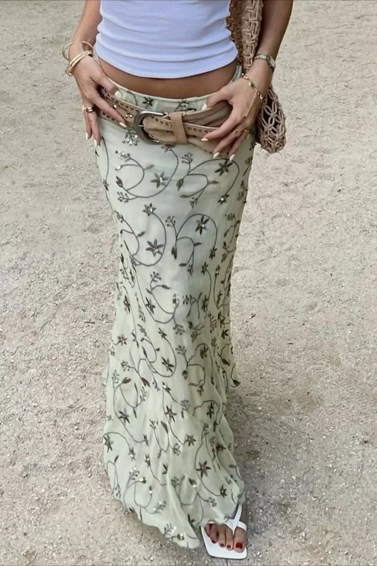 Knit Floral Print Slim Midi Skirt - Image 2