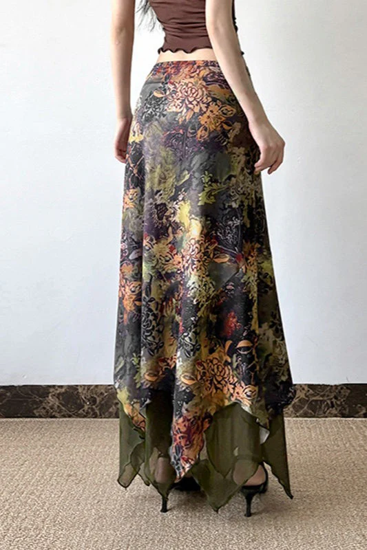 Botanical Print Mesh A-Line Maxi Skirt - Image 3
