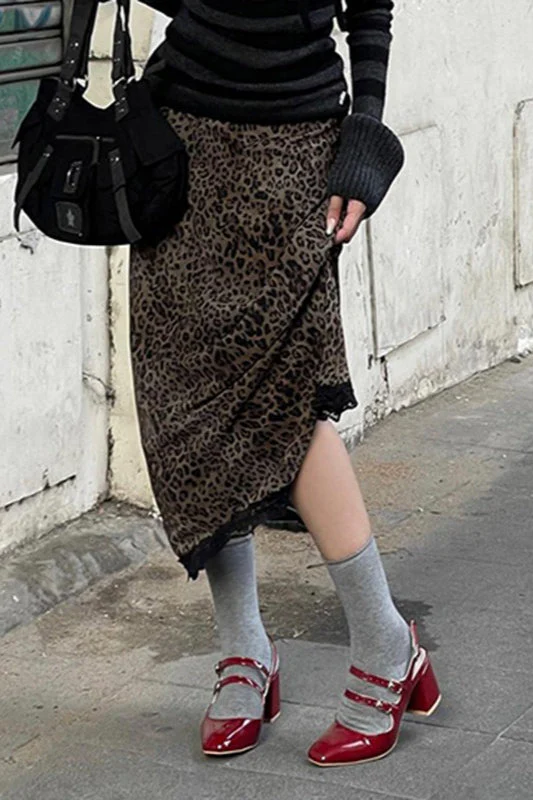 Lace Trim Leopard Patchwork Skirt - Image 2