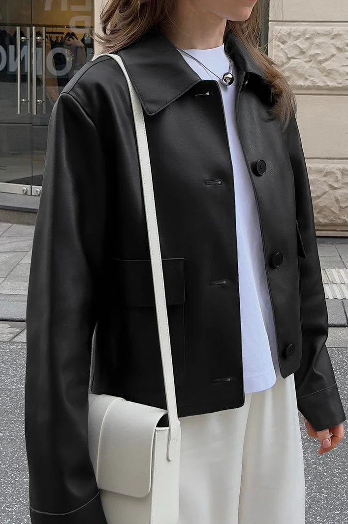 Cropped Moto Style Leather Jacket - Image 3