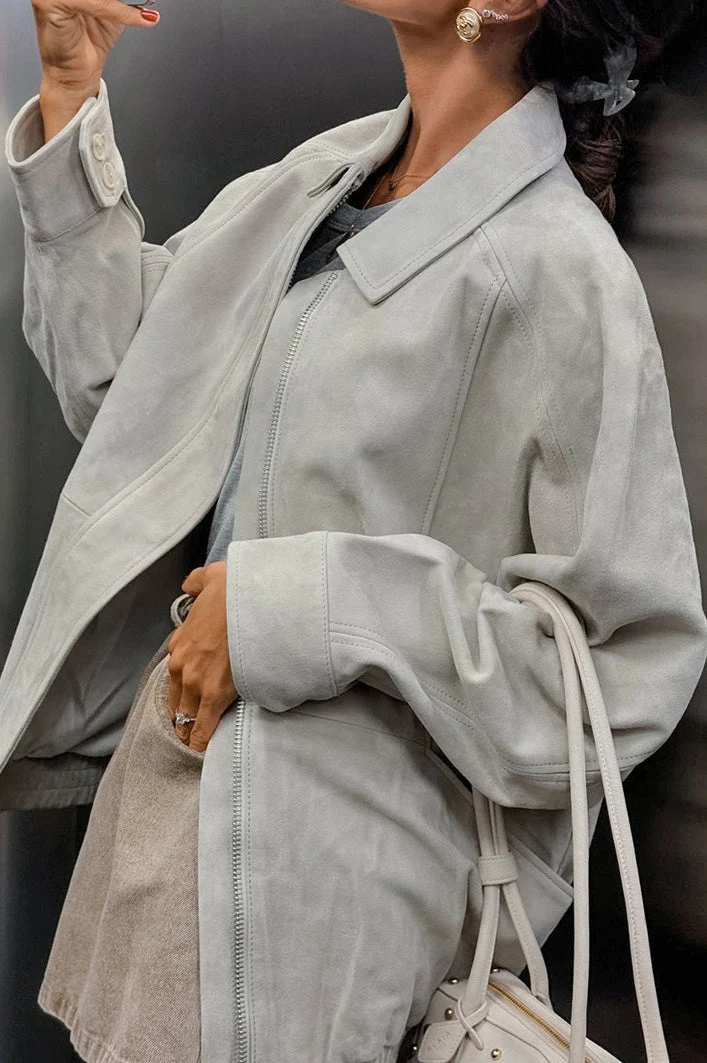 Suede Vintage Gray Long Sleeve Jacket - Image 4