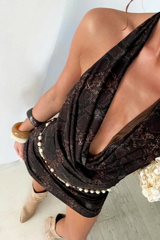 Animal Print Halter Cowl Neck Mini Dress - Image 2