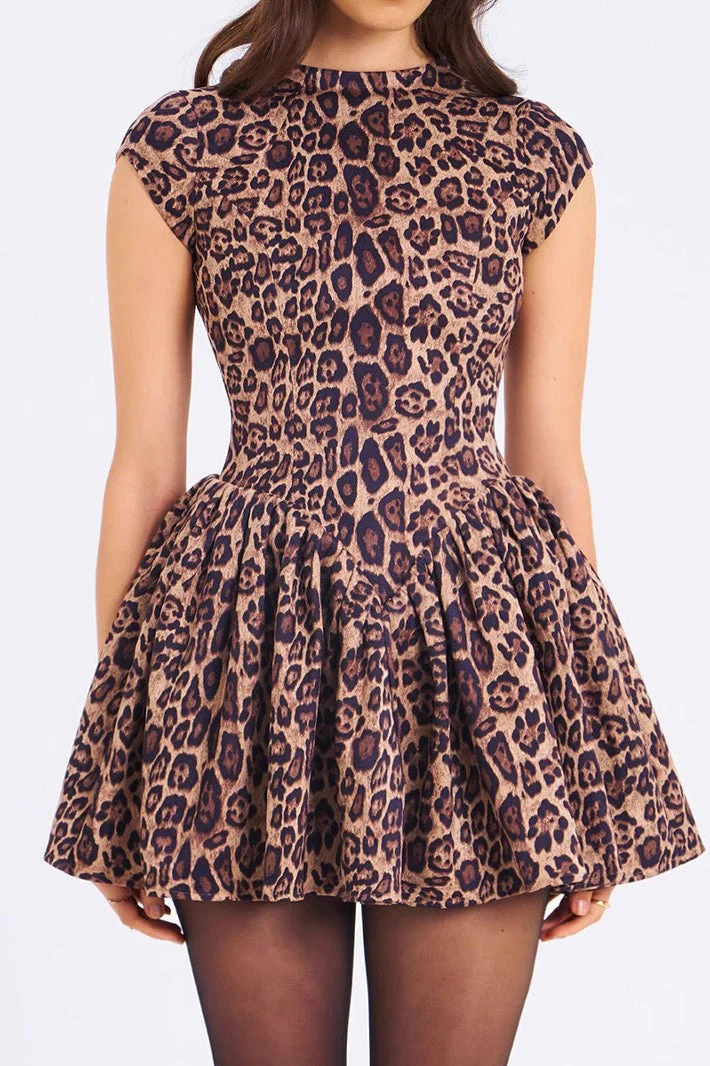 Leopard Pleated Backless Round Neck Mini Dress - Image 2