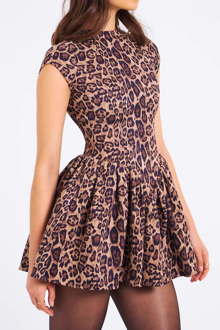 Leopard Pleated Backless Round Neck Mini Dress - Image 4