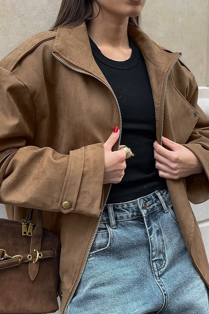 Vintage Khaki Suede Collar Jacket - Image 2