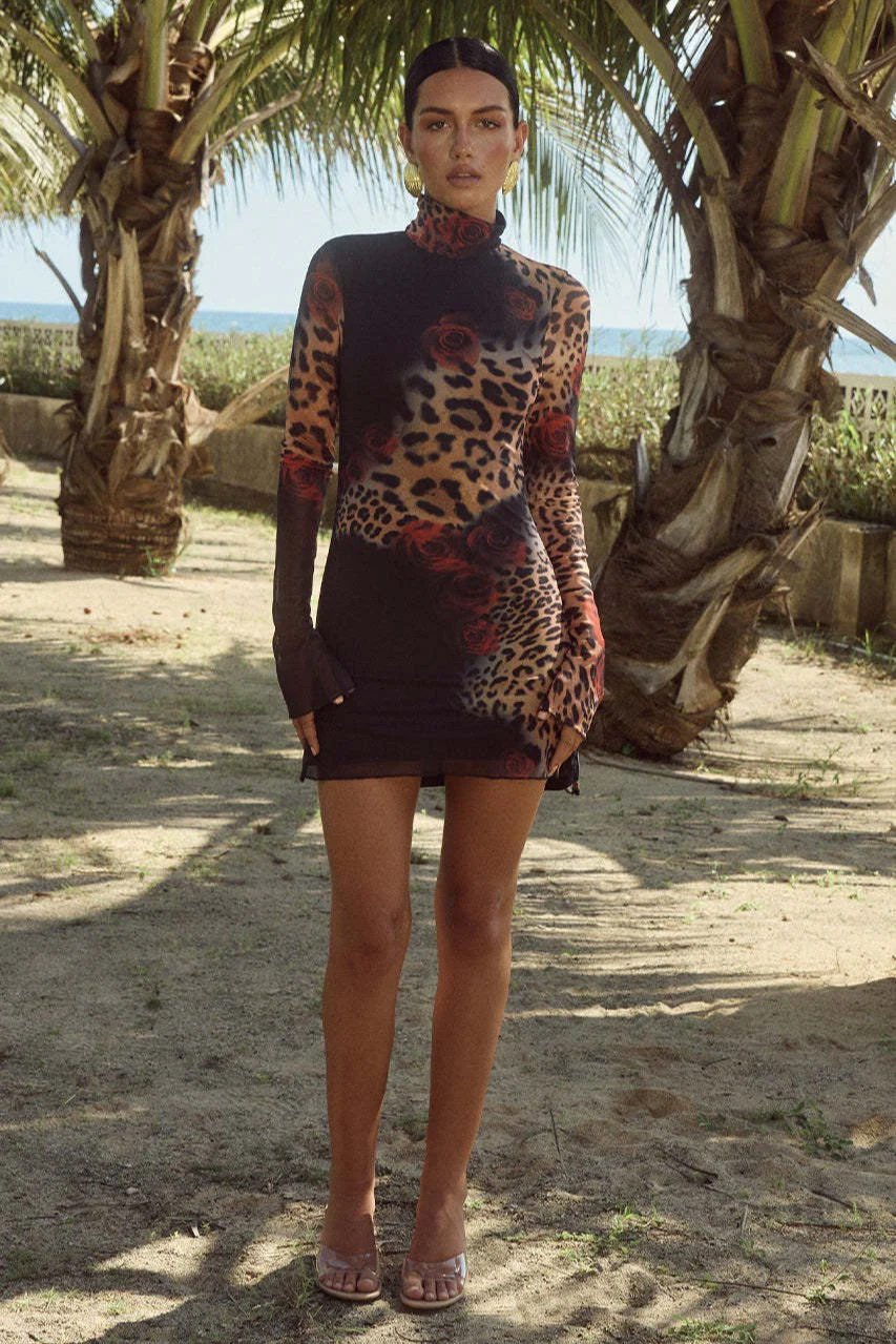 Leopard Print High Neck Bodycon Mini Dress - Image 4