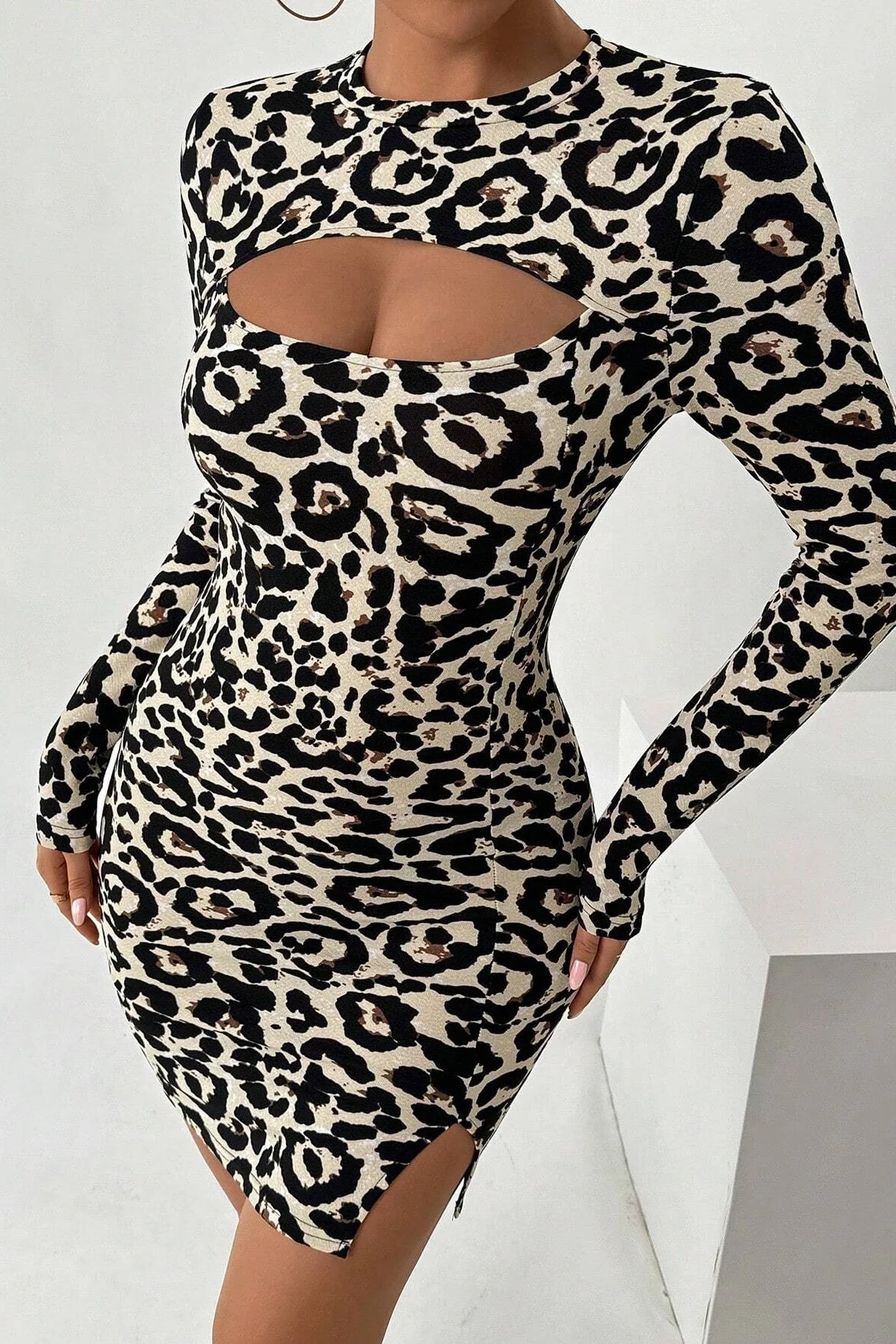 Leopard Print Cutout Long Sleeve Mini Dress - Image 2