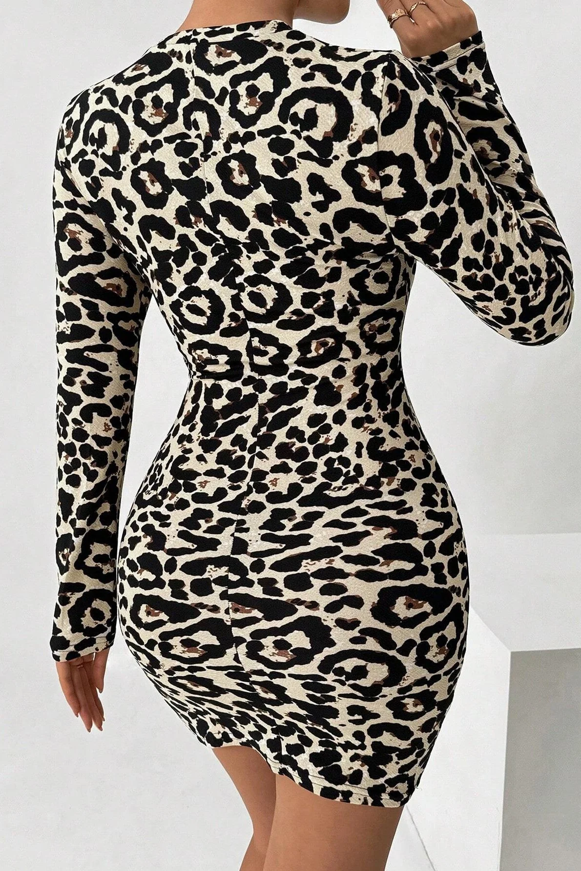Leopard Print Cutout Long Sleeve Mini Dress - Image 3