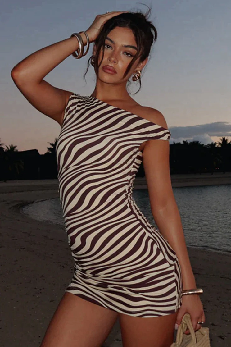 Zebra Print Ruched Drawstring Sleeveless Mini Dress - Image 2
