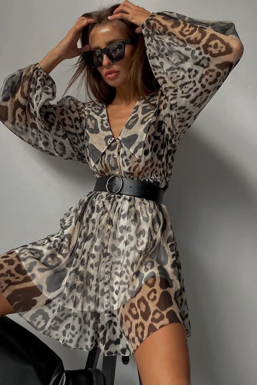 Chiffon Leopard Print Peter Pan Collar Mini Dress - Image 2