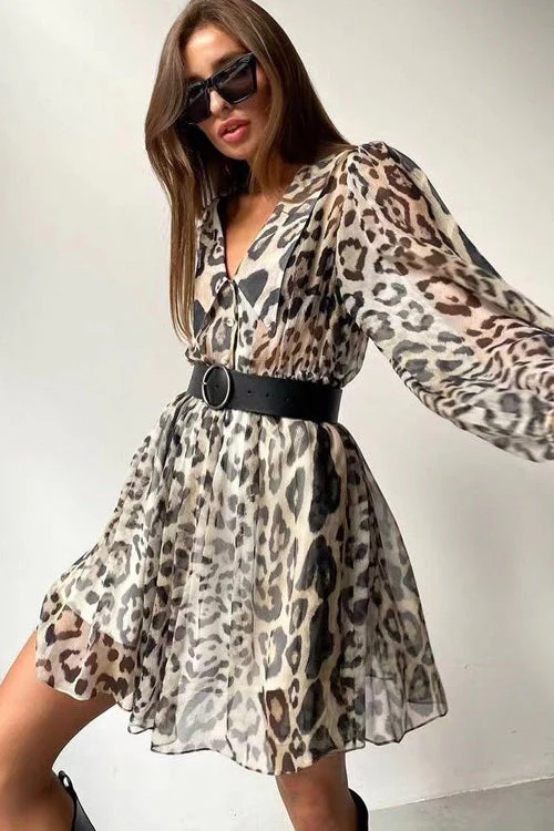 Chiffon Leopard Print Peter Pan Collar Mini Dress - Image 3
