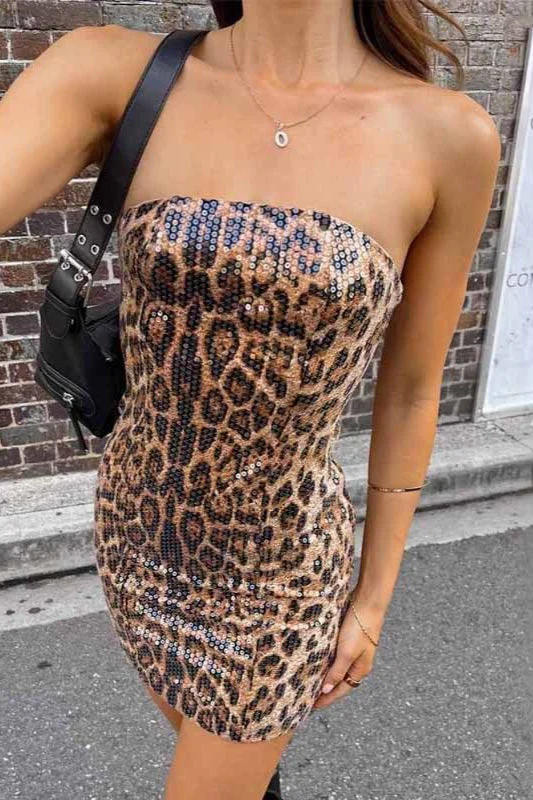 Strapless Leopard Sequin Bodycon Mini Dress - Image 2