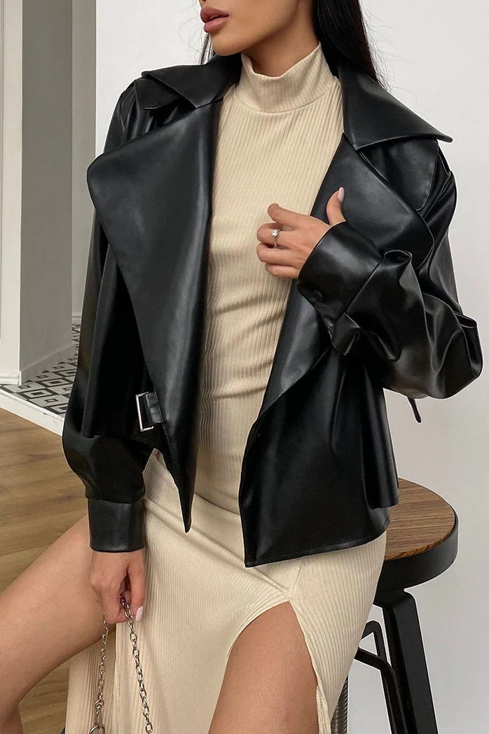 Oversized Collar Leather Biker Jacket - Image 5