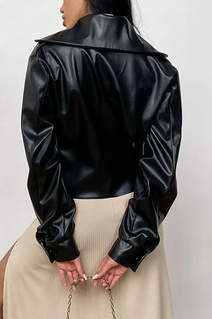 Oversized Collar Leather Biker Jacket - Image 6