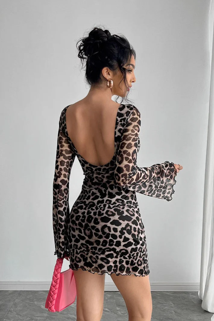 Leopard Mesh Backless Flare Sleeve Mini Dress - Image 3