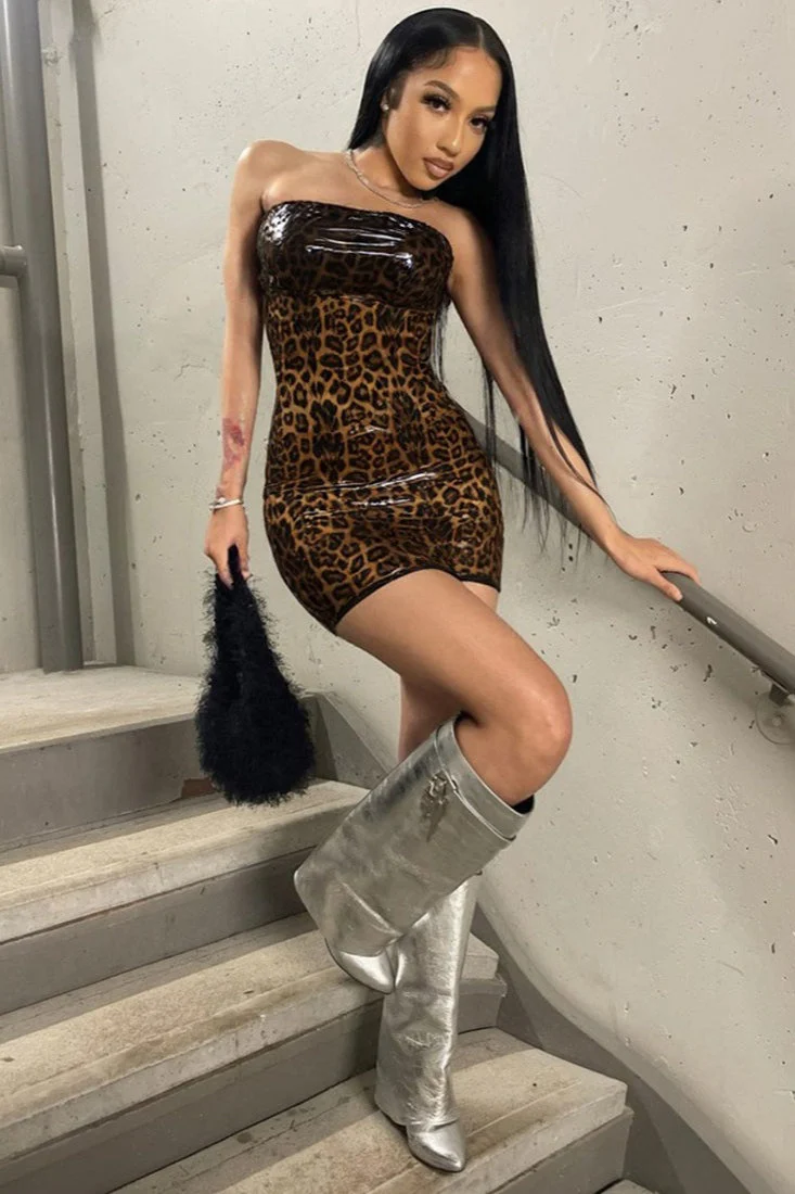 Strapless Leopard Patch Mini Dress - Image 2