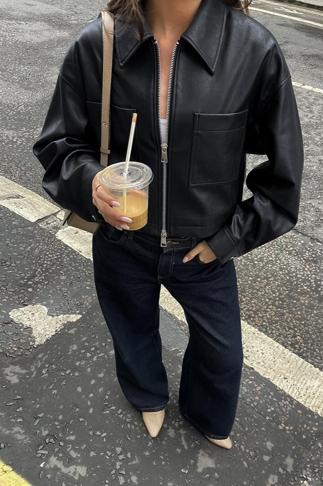 Chic Matte Leather Moto Jacket - Image 3