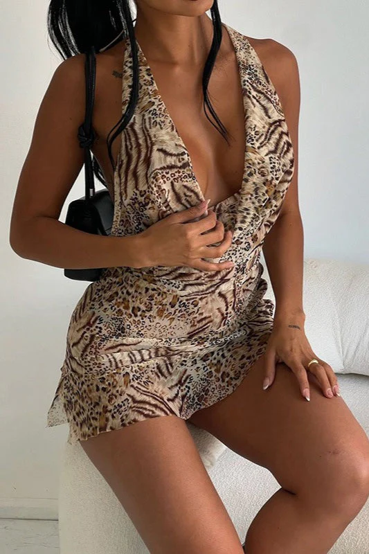 Vintage V-Neck Halter Mini Dress - Image 3