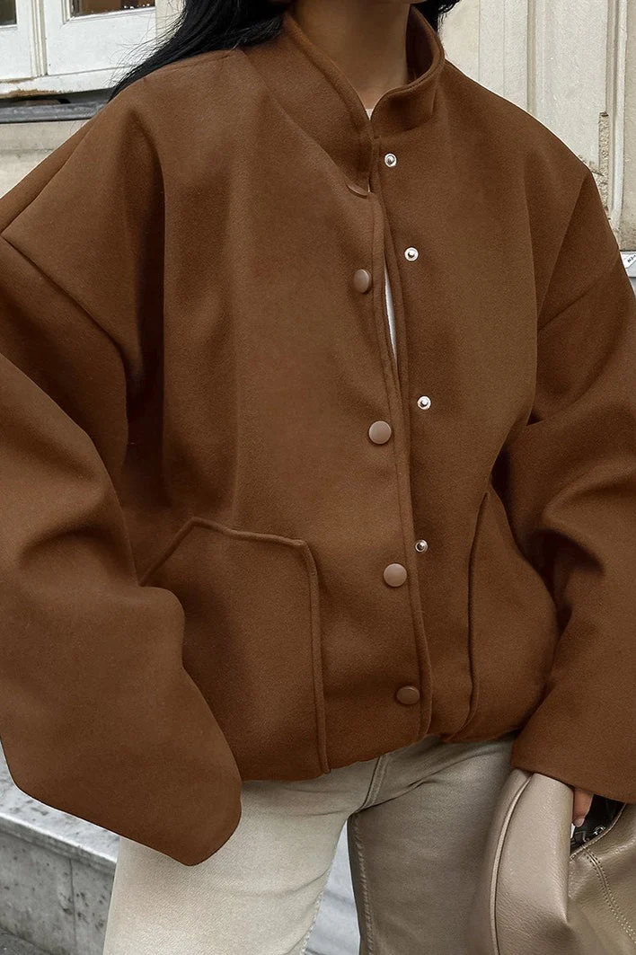 rown Woolen Stand Collar Jacket - Image 3
