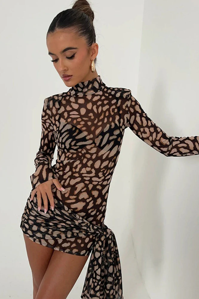 Mesh Turtleneck Leopard Print Bodycon Mini Dress - Image 2