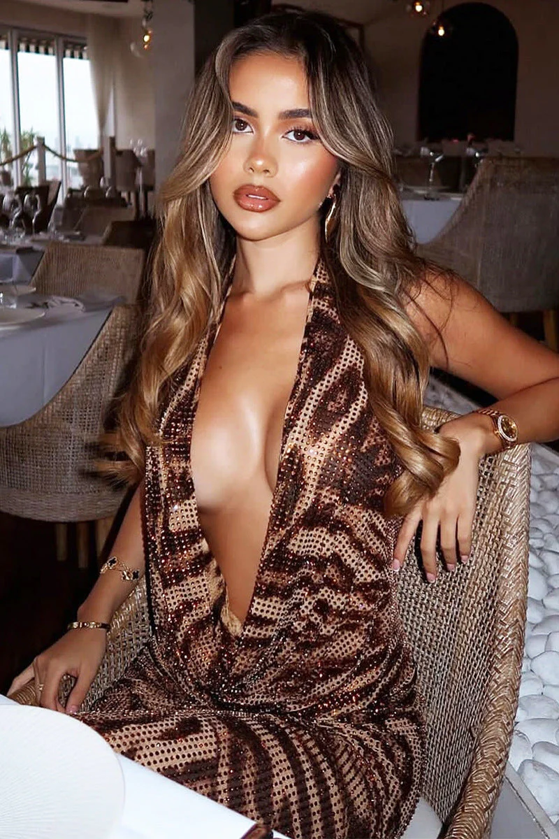 Sexy Printed Rhinestone Halter Backless Maxi Dress - Image 3