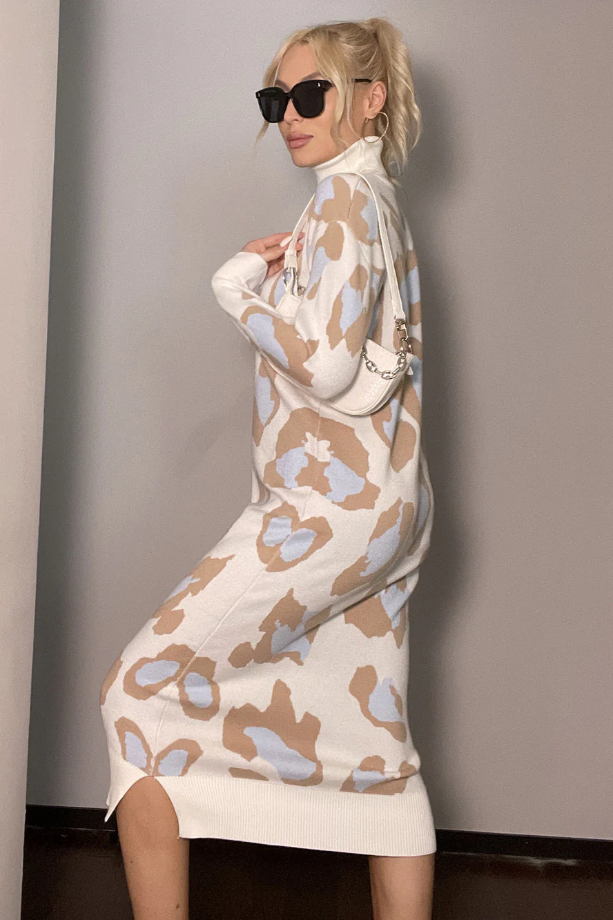 Elegant Leopard Turtleneck Sweater Maxi Dress - Image 2