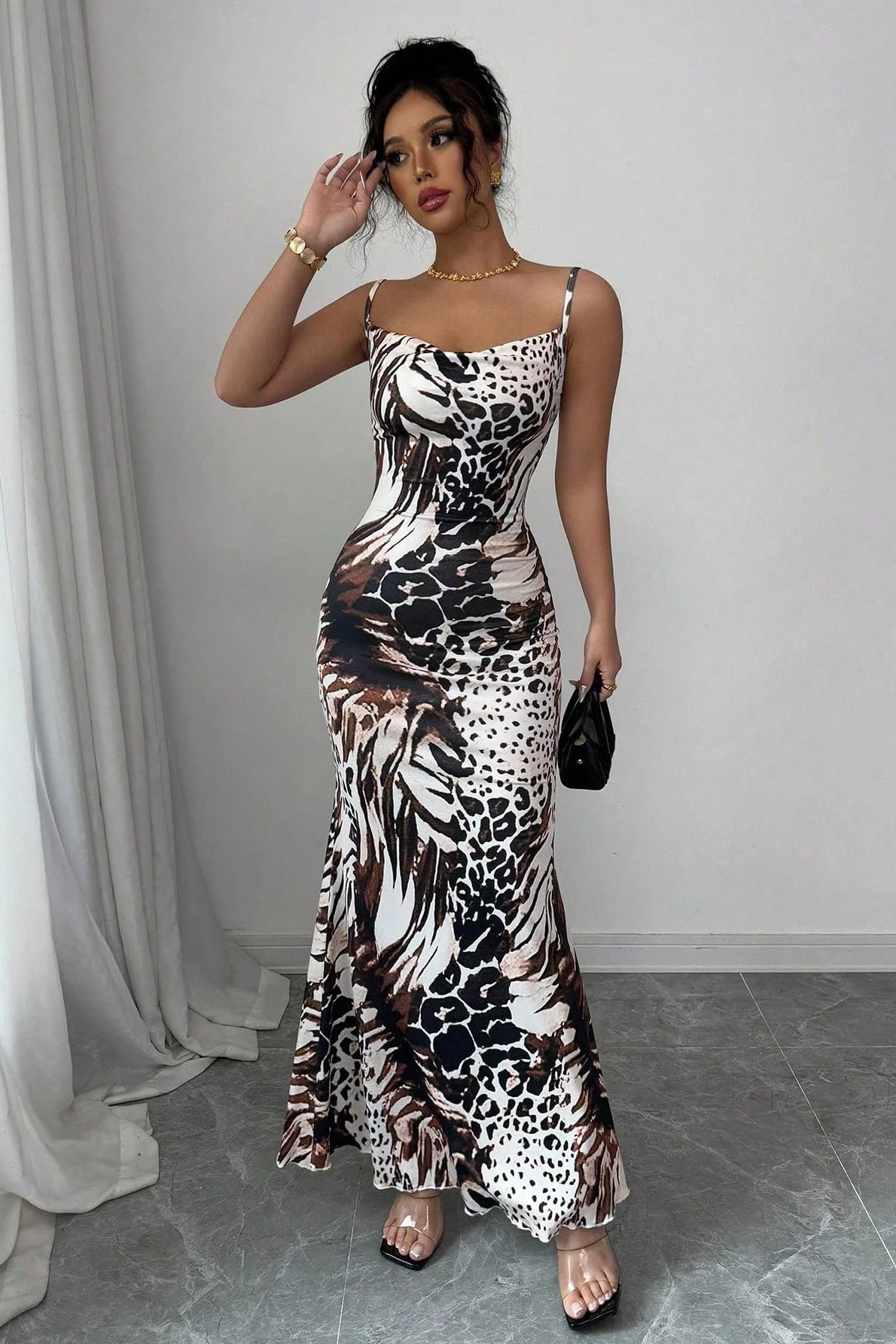 Slim Fit Leopard Backless Slip Maxi Dress - Image 3