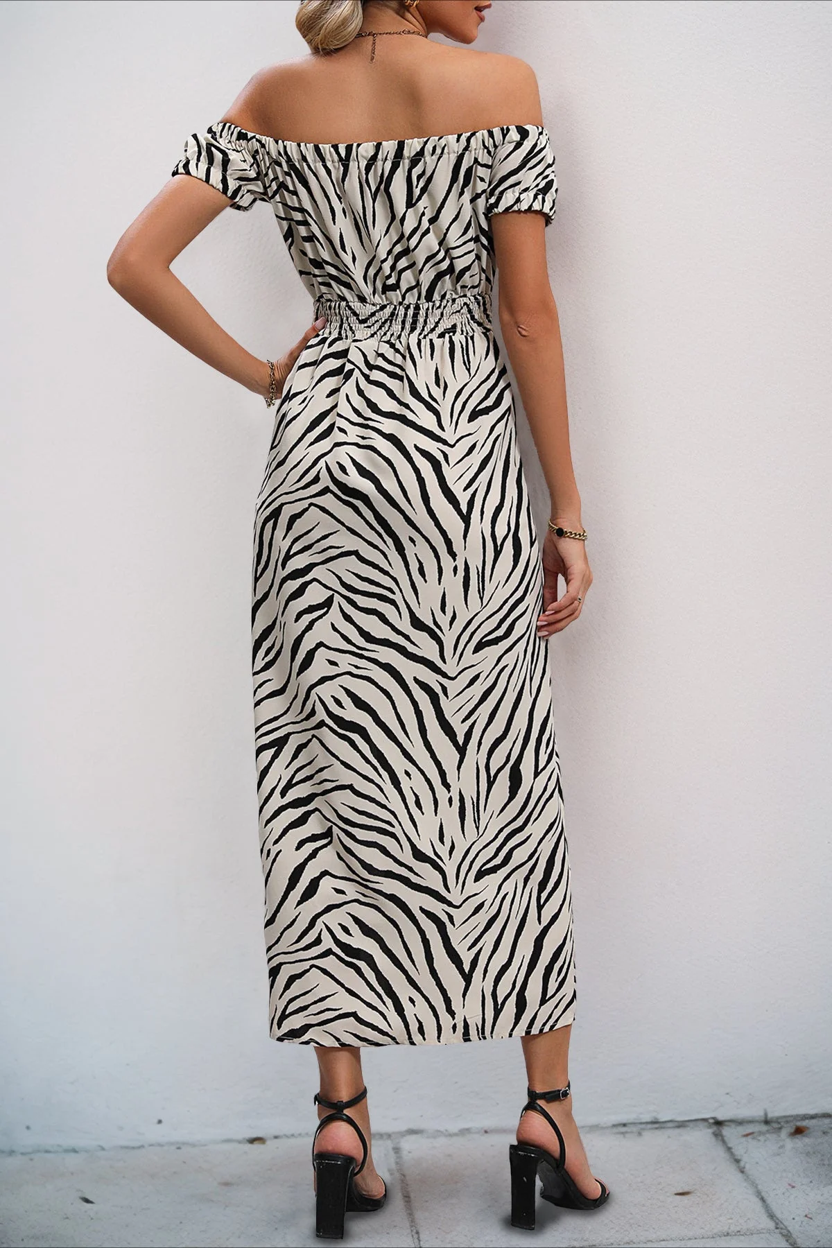 Zebra Print Off Shoulder Puff Sleeve Maxi Dress - Image 5
