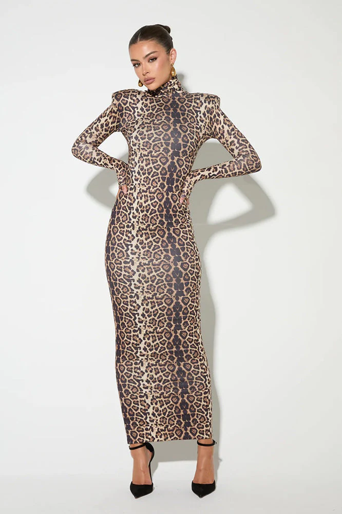 Elegant Leopard Mock Neck Bodycon Maxi Dress - Image 3