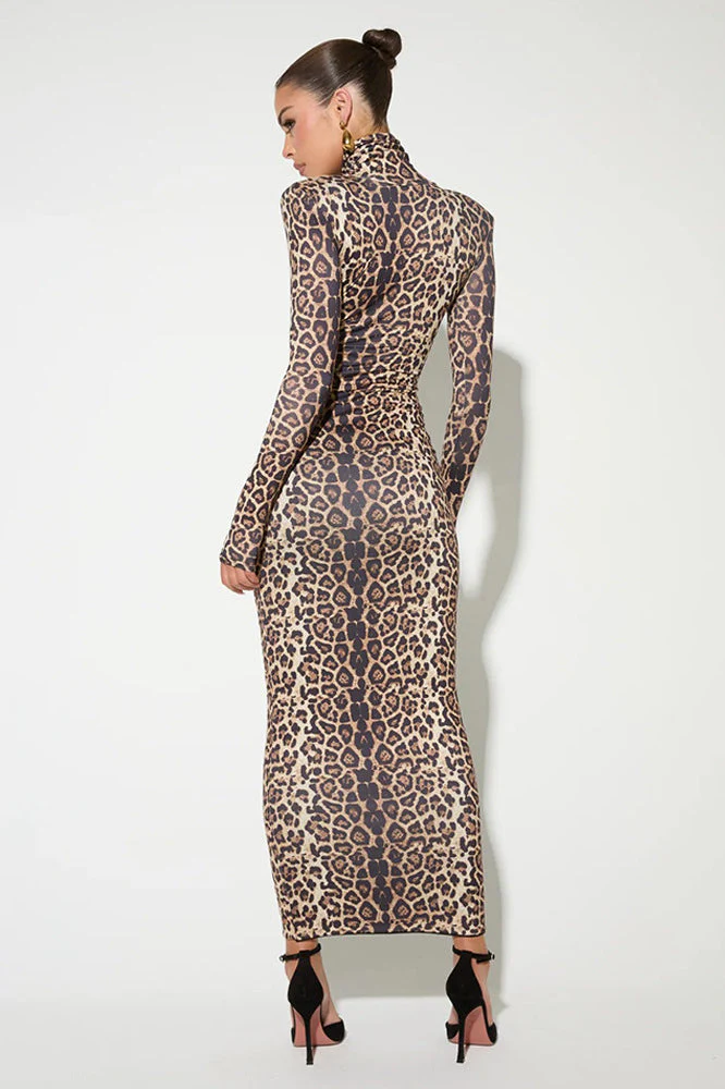 Elegant Leopard Mock Neck Bodycon Maxi Dress - Image 4