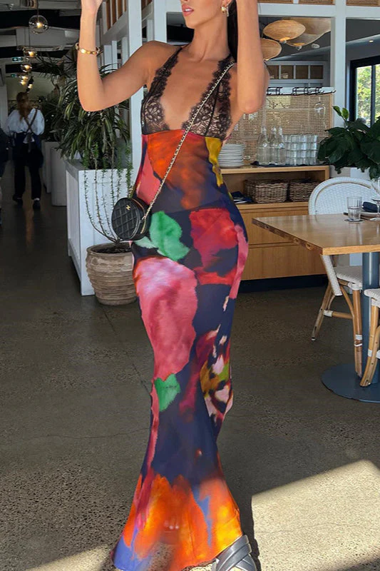 Lace Print Deep V Backless Cami Maxi Dress - Image 3