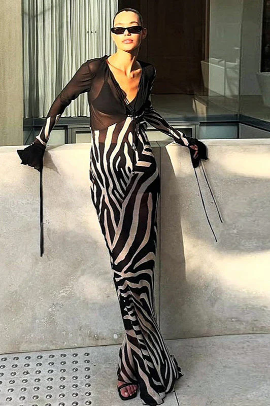 Colorblock Print V Neck Mesh Maxi Dress - Image 3
