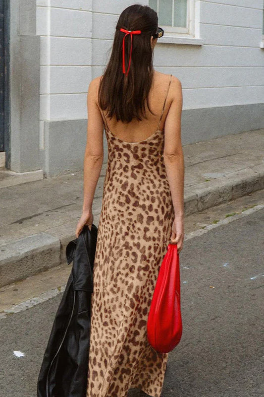 Street Style Leopard V Neck Backless Cami Maxi Dress - Image 2