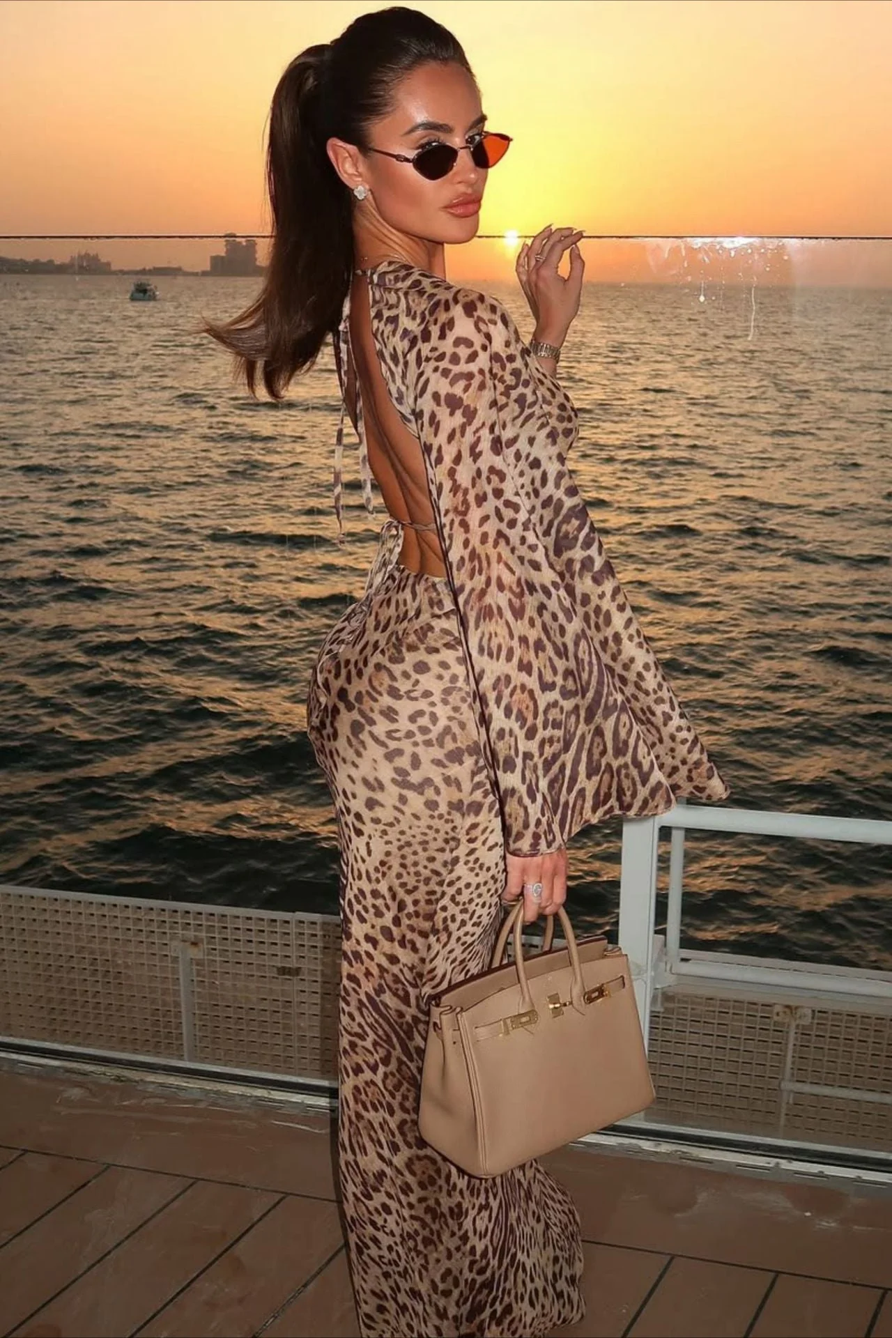 Deep V Leopard Tie Waist Bodycon Maxi Dress - Image 2