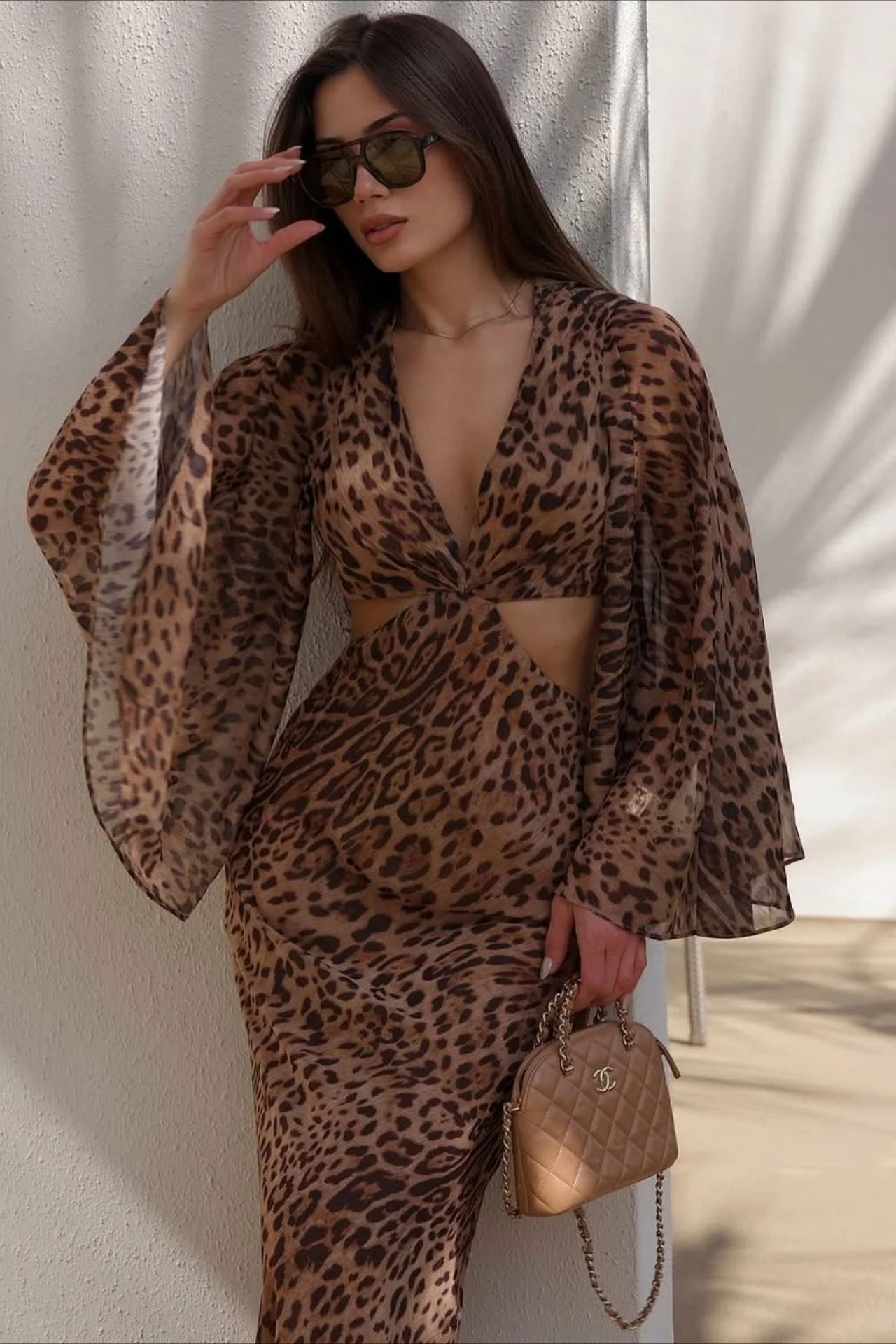 Deep V Leopard Tie Waist Bodycon Maxi Dress - Image 3