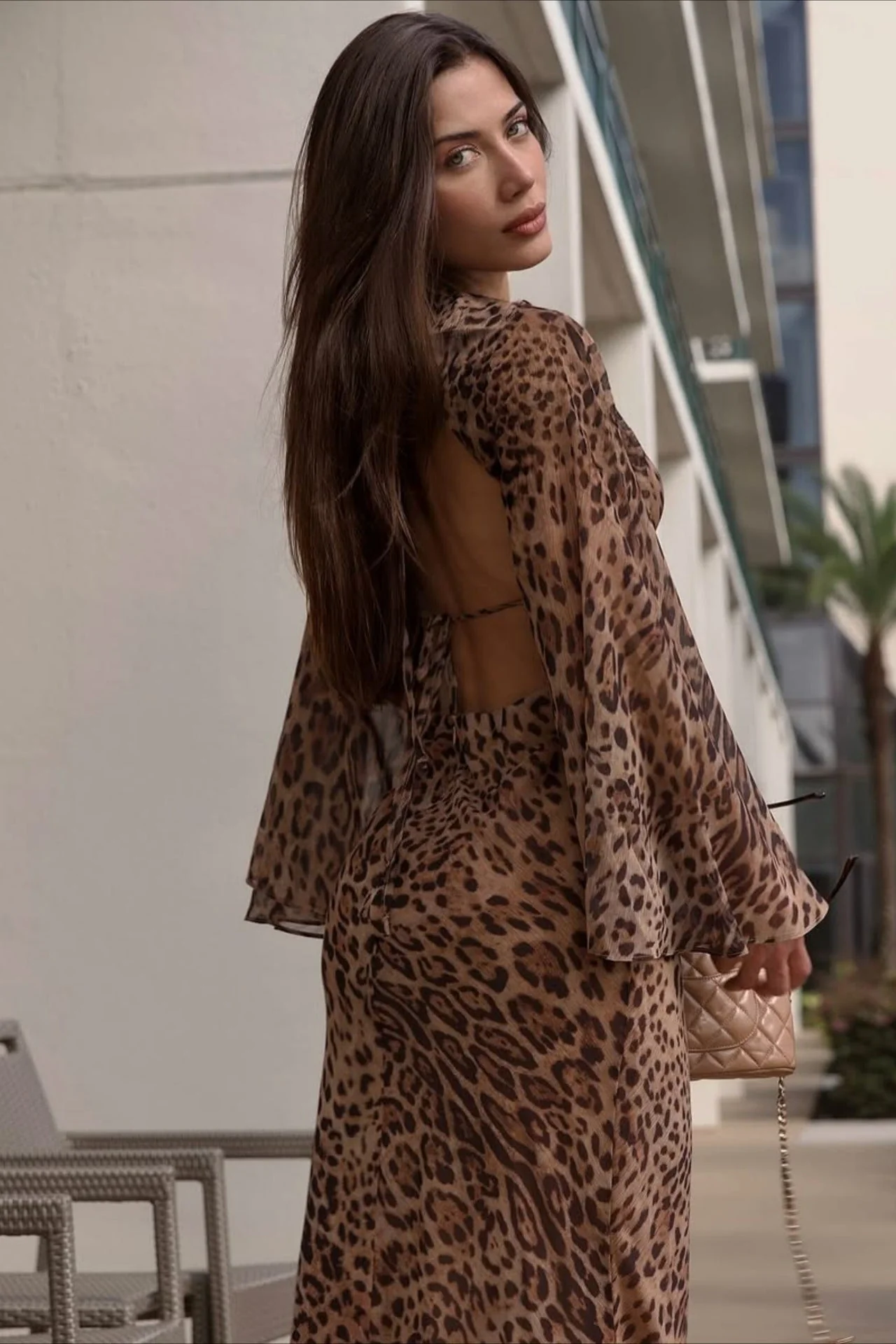 Deep V Leopard Tie Waist Bodycon Maxi Dress - Image 5