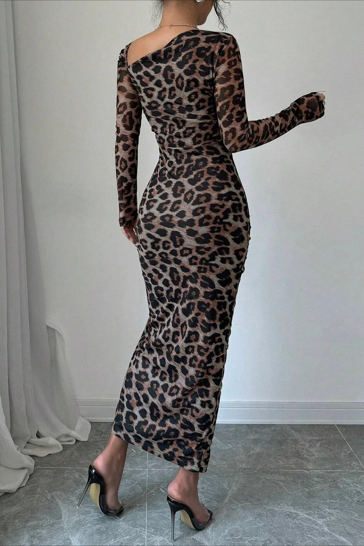 Leopard Print Ruched Long Sleeve Maxi Dress - Image 2