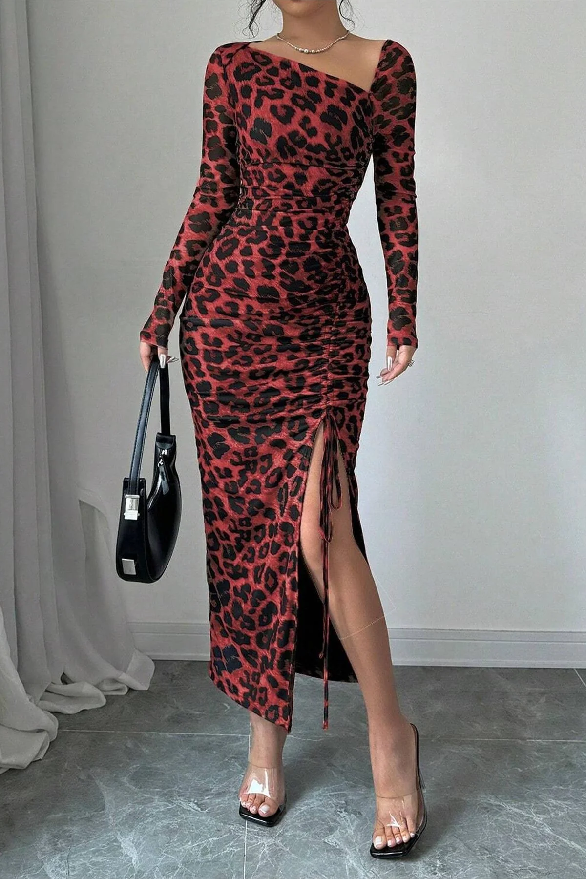 Leopard Print Ruched Long Sleeve Maxi Dress - Image 4