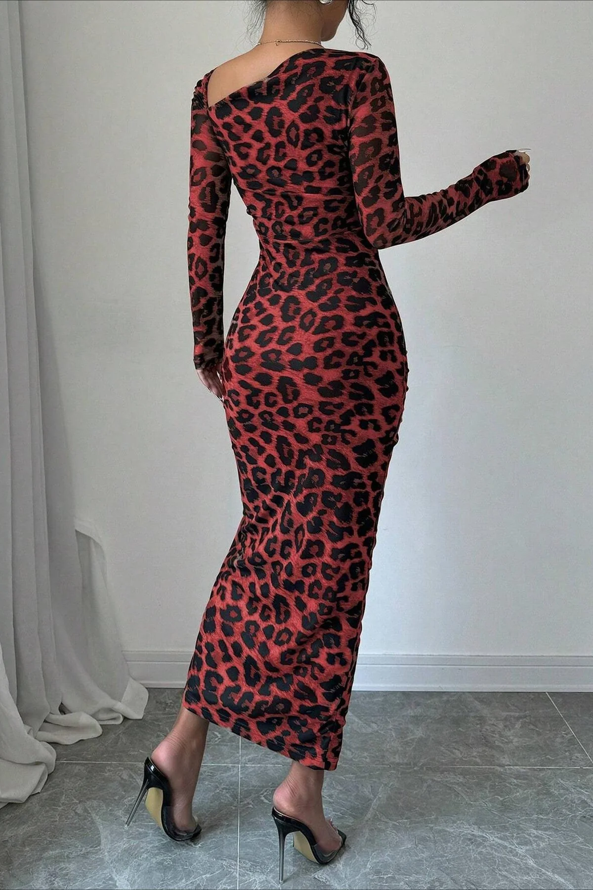 Leopard Print Ruched Long Sleeve Maxi Dress - Image 5