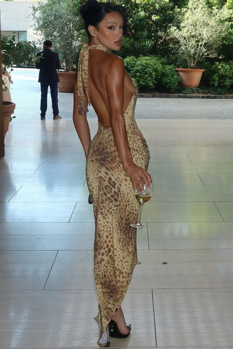 Leopard Halter Tie Back Asymmetrical Maxi Dress - Image 4