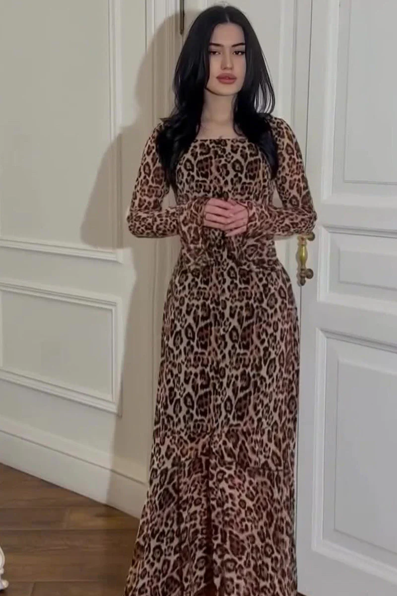 Asymmetrical Leopard Chiffon Panel Maxi Dress - Image 2