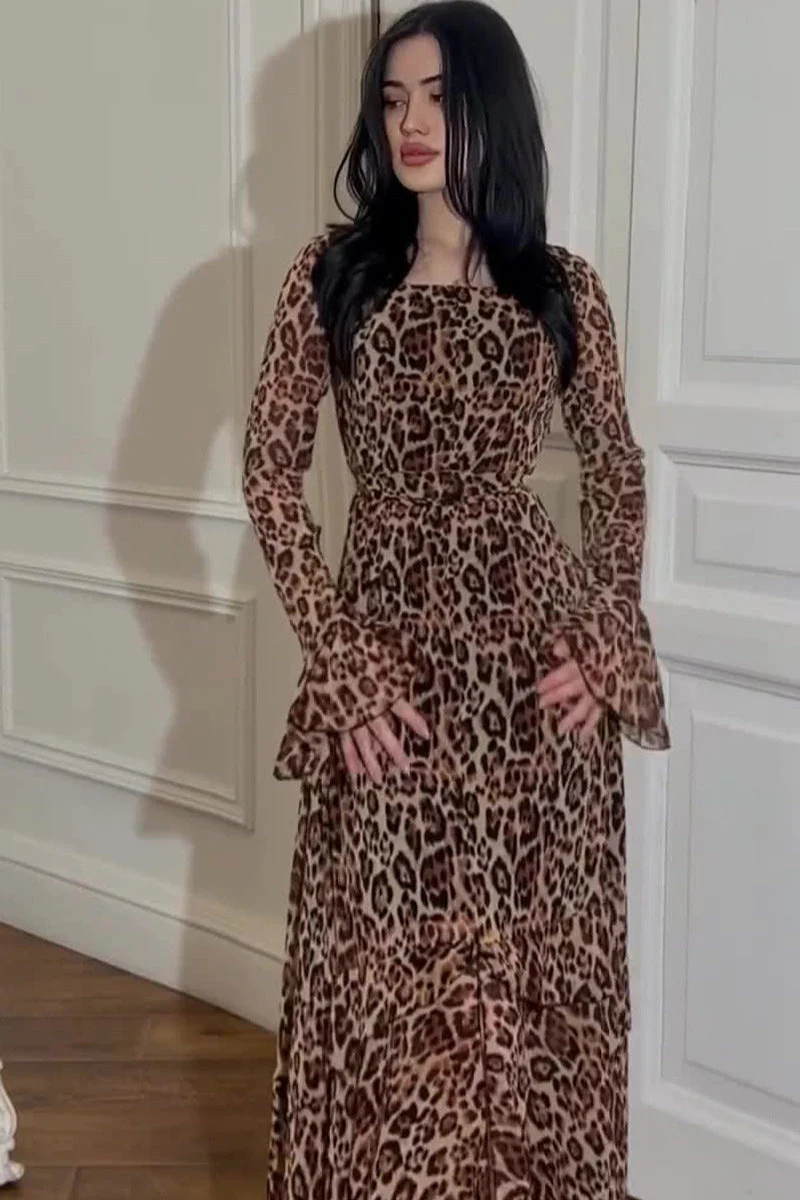 Asymmetrical Leopard Chiffon Panel Maxi Dress - Image 3