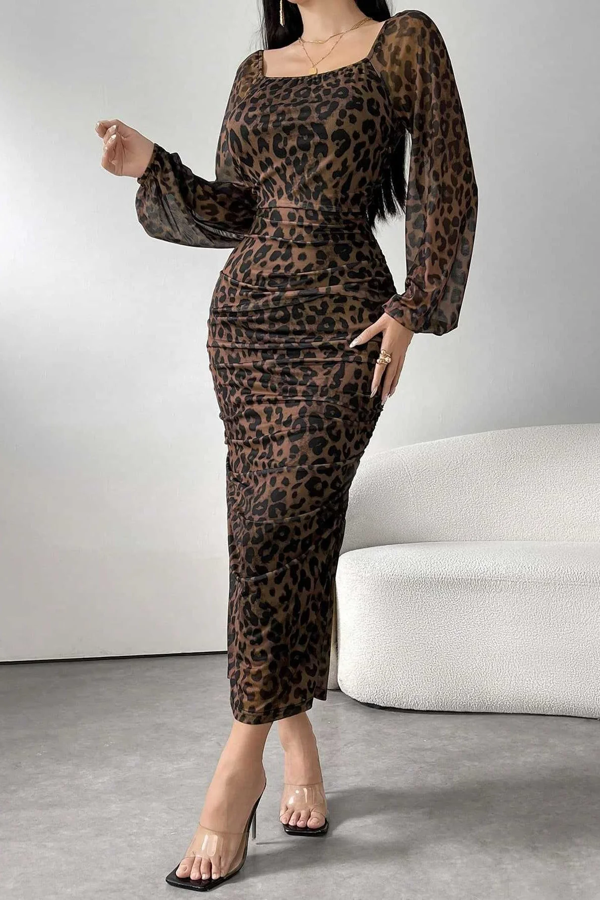 Ruffled Leopard Mesh Long Sleeve Maxi Dress - Image 3