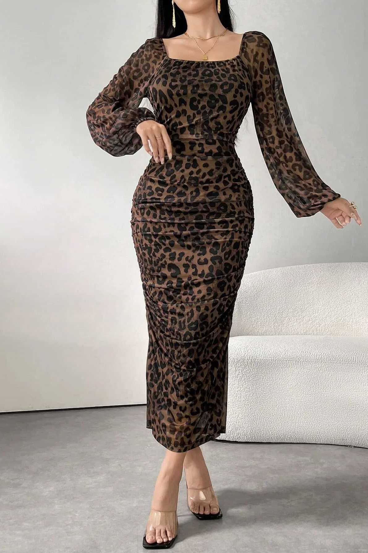 Ruffled Leopard Mesh Long Sleeve Maxi Dress - Image 5