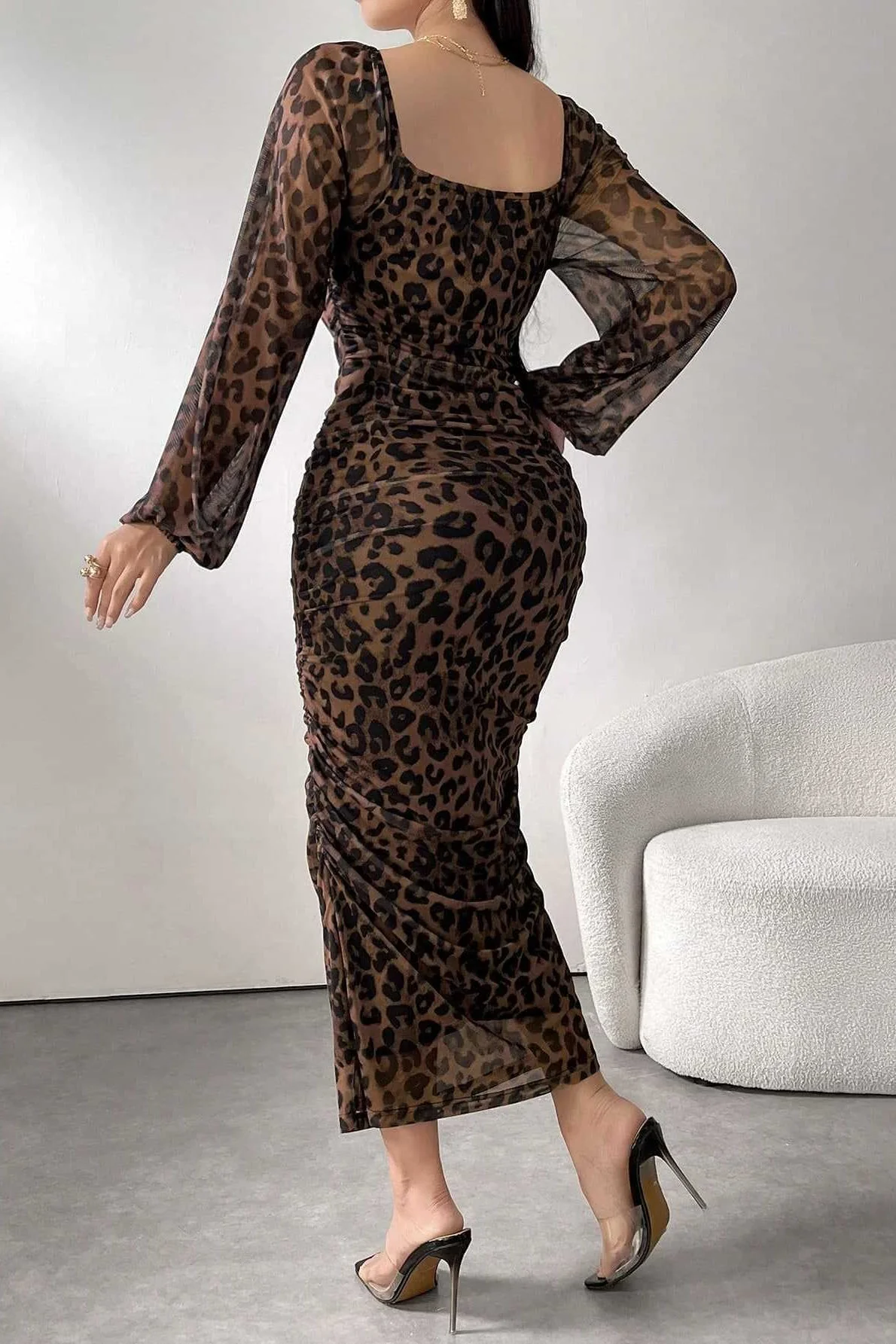 Ruffled Leopard Mesh Long Sleeve Maxi Dress - Image 6