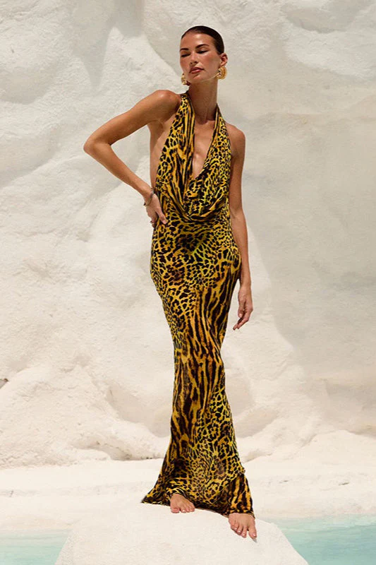 Slim Fit Leopard Cowl Backless Maxi Dress - Image 3