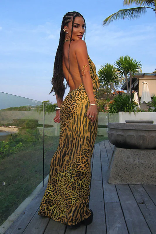 Slim Fit Leopard Cowl Backless Maxi Dress - Image 6